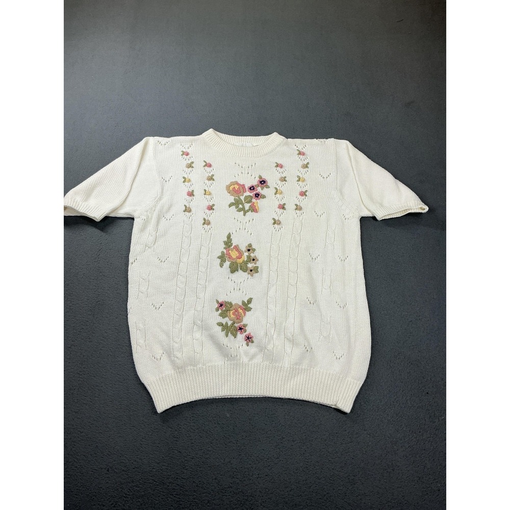 Alfred Dunner Sweater Womens Medium White Floral Embroidered Cable Knit Pullover